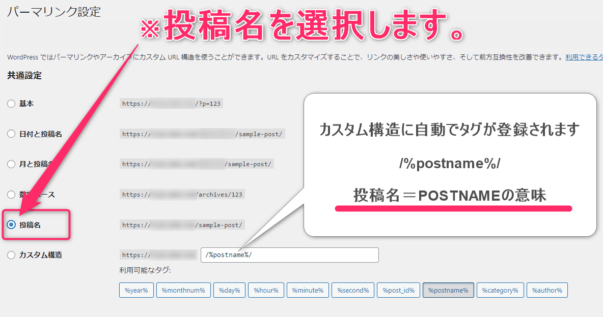 「投稿名」を選択すると自動でタグ「/％postname％/」が入力される