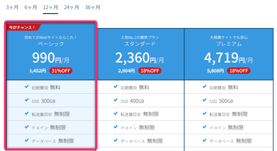 12ヶ月契約でも、1ヶ月あたり990円に割引されるのでチャンスですね。