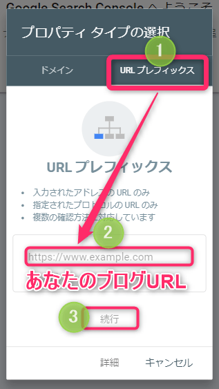 「URLプレフィックス」をタップ。あなたのブログURLを正確に入力して、「続行」をタップします。