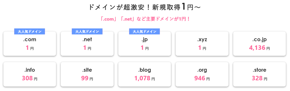 xserverdomain初回1年間のドメイン費用(2023/1/9時点)